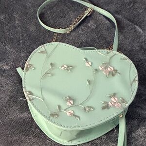 Mint Green Floral Embroidered Heart-Shaped Bag